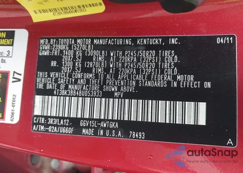 2011 Toyota Venza Base V6 z USA, uszkodzony, nr VIN 4T3BK3BB4BU053933